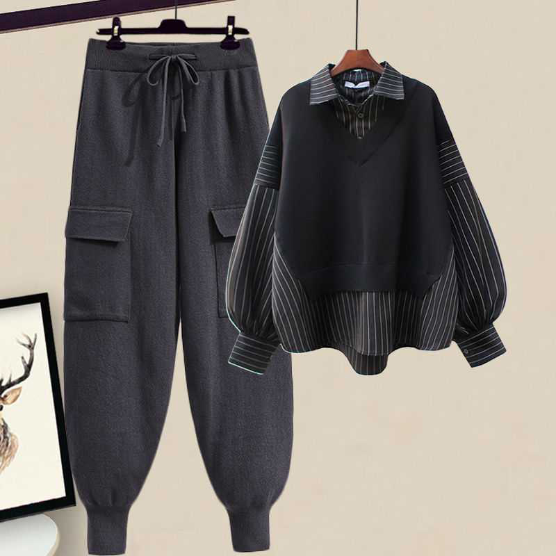 Stripe Lapel Shirt Lace Up Pants Casual Matching Outfit - Black Shirt+Gray Pants - 4XL - image 4