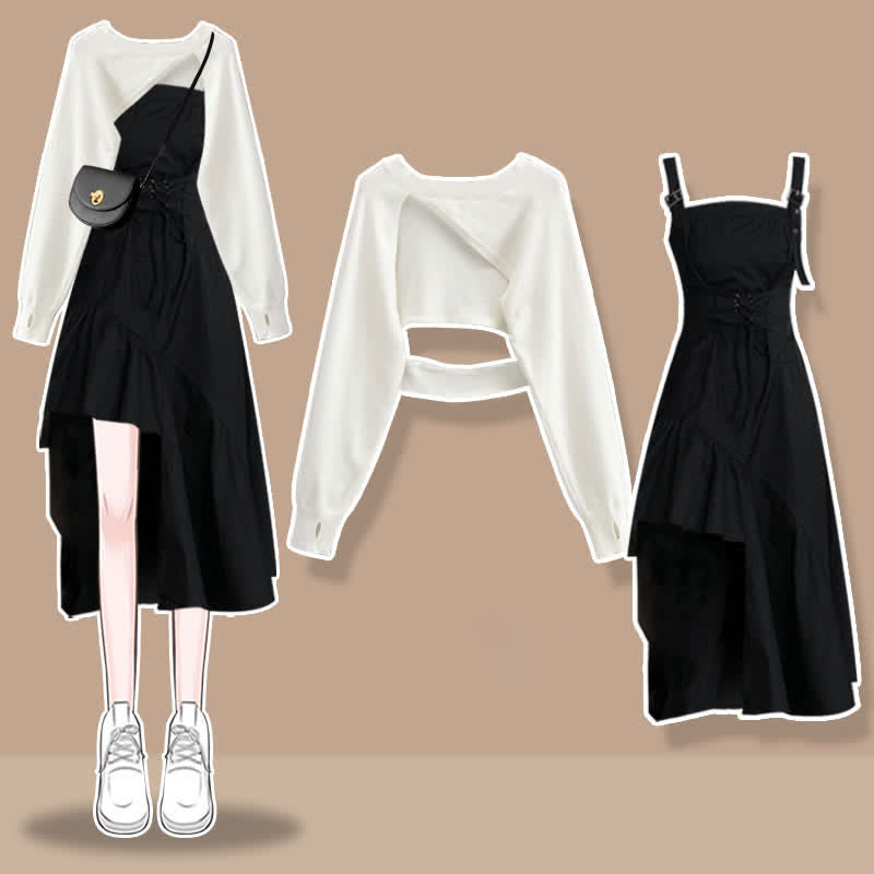 Irregular Hollow Out Sweater Ruffled Split Slip Dress Matching Outfit - Set E - XL - image 5