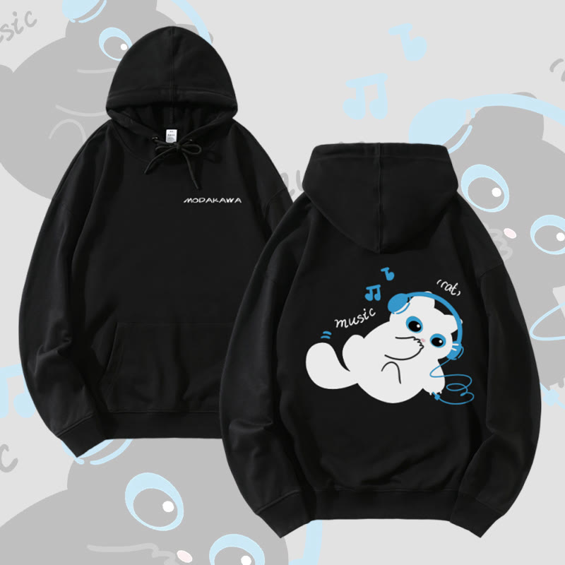 MODAKAWA Black Cat Listening to Music Graphic Cotton-Blend Matching Hoodie - Black - 5XL - image 4