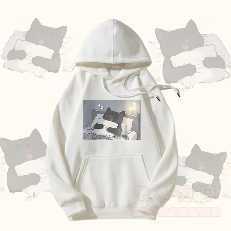 MODAKAWA Sleepy Black Cat Graphic Fleece Lined Hoodie - White - 5XL - image 3