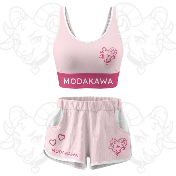 Goat Graphic Crop Tank Sport Top Shorts Modakawa Matching Outfit - Pink Set - 5XL - image 16