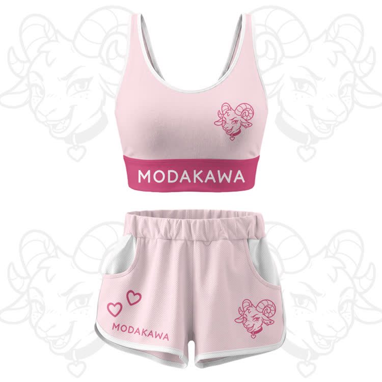 Goat Graphic Crop Tank Sport Top Shorts Modakawa Matching Outfit - Pink Set - 5XL - image 16