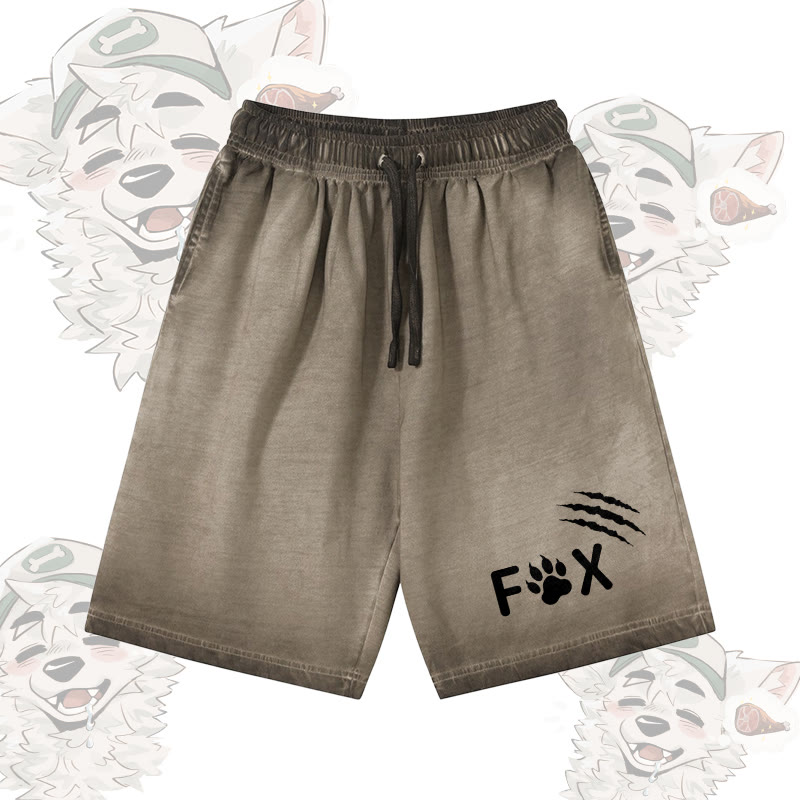 FOX Paw Claw Graphic Modakawa 100% Cotton Gradient Vintage Washed Distressed Shorts - Olive Green - 5XL - image 3
