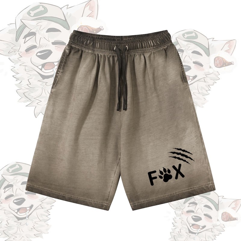 FOX Paw Claw Graphic Modakawa 100% Cotton Gradient Vintage Washed Distressed Shorts - Olive Green - 5XL - image 3