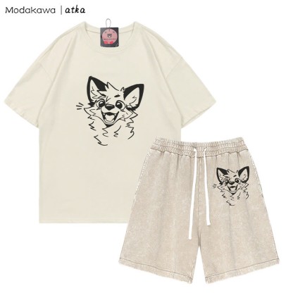 MODAKAWA X atka Cheerful Fox Graphic T-shirt Vintage Washed Shorts Two Pieces Set - Beige - 3XL - image 5
