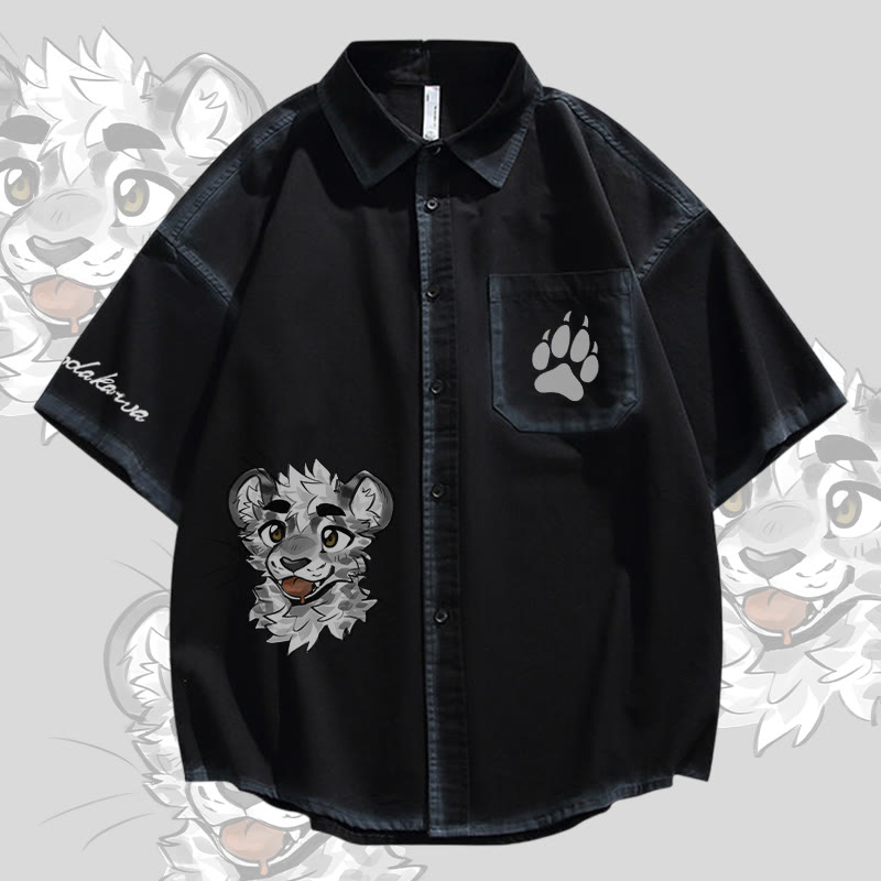 MODAKAWA X atka Cheeky Tiger Face Graphic Oversized Button Up Shirt - Black - 2XL - image 2