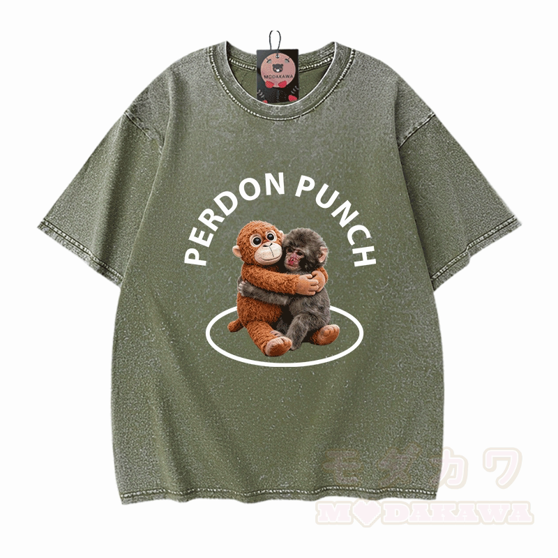 PERDON PUNCH Hugging Monkey Graphic Modakawa Unisex Vintage Washed T-shirt - Green - 5XL - image 6