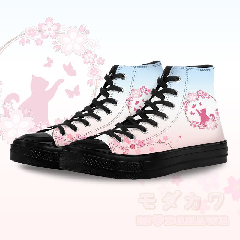 Flower Cat Graphic Modakawa Gradient High Top Canvas Shoes - Black A - 45 - image 4