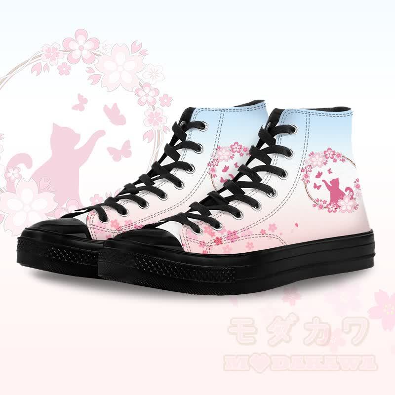 Flower Cat Graphic Modakawa Gradient High Top Canvas Shoes - Black A - 45 - image 4