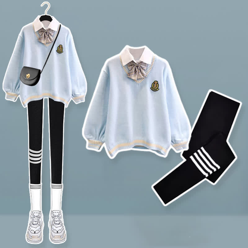 Fake Matching Outfit Bow Decor Sweater Pleated Skirt Plush Pants Matching Outfit - Set E - XL - image 11