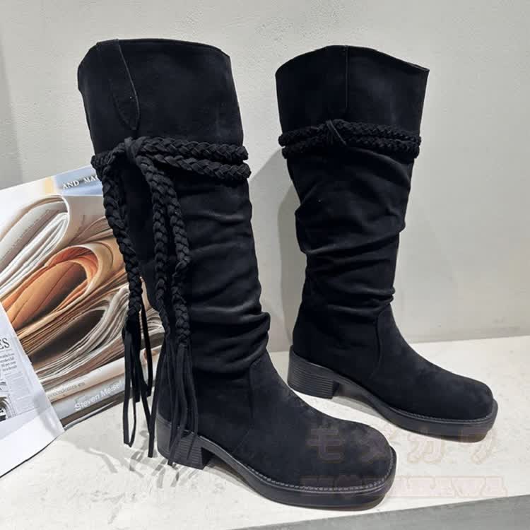 Vintage Fringe Knee High Boots - Black - 40 - image 7