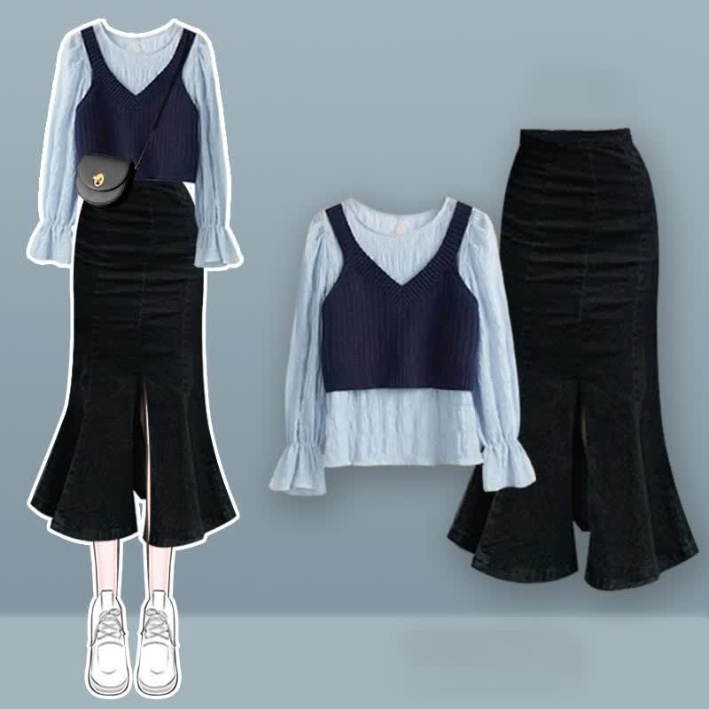 Pure Color Vest Shirt High Waist Fishtail Denim Skirt Matching Outfit - Black Shirt+Vest +Black Skirt - XL - image 4