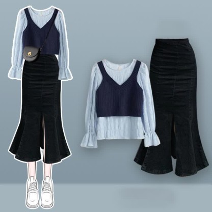 Pure Color Vest Shirt High Waist Fishtail Denim Skirt Matching Outfit - Black Shirt+Vest +Black Skirt - XL - image 4