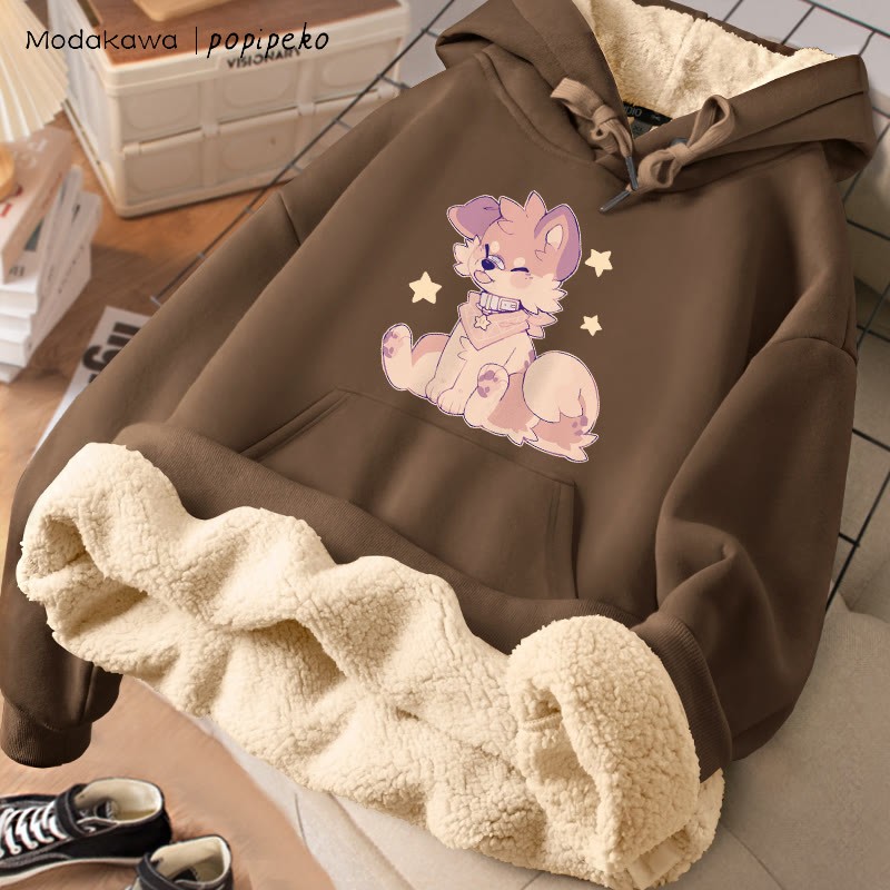 MODAKAWA X popipeko Tongue-out Puppy Graphic Thick Fleece Lined Winter Hoodie - Brown - 2XL - image 4