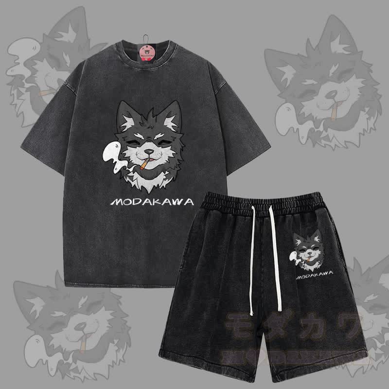 MODAKAWA Smoking Puppy Graphic Vintage Washed T-shirt Shorts Two Pieces Set - Black - 3XL - image 5