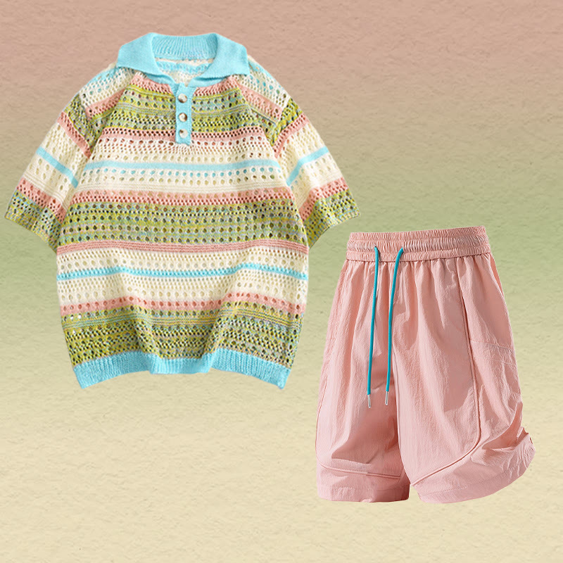 Stripe Open Knit Polo Shirt Quick Dry Drawstring Shorts Modakawa Matching Outfit - Two Pieces Set D - 2XL - image 4