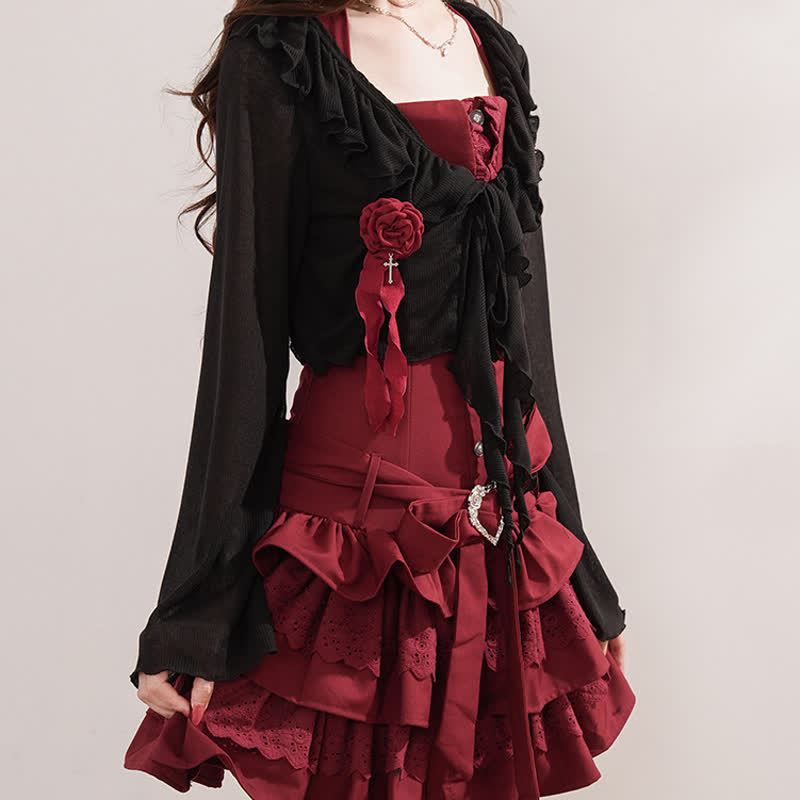 Gothic Ruffle Lace Knit Crop Cardigan Tiered Ruffle Dress Two Pieces Set  - image 4