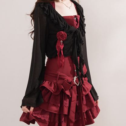 Gothic Ruffle Lace Knit Crop Cardigan Tiered Ruffle Dress Two Pieces Set  - image 4