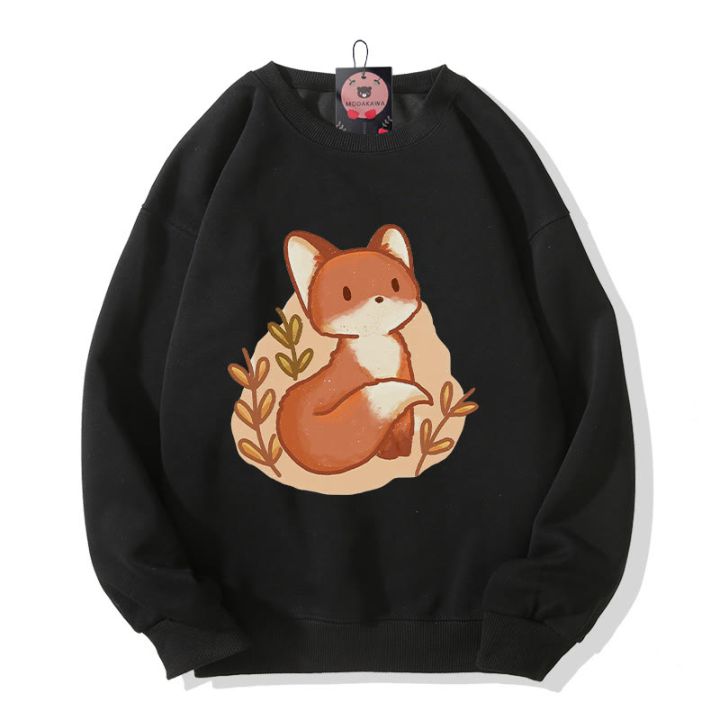 Modakawa Cartoon Fox Print Round Collar Plush Sweatshirt - Black - 3XL - image 6