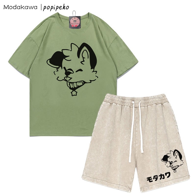 MODAKAWA X popipeko Puppy Letter T-shirt Vintage Washed Shorts Two Pieces Set - Green&Apricot - 3XL - image 6