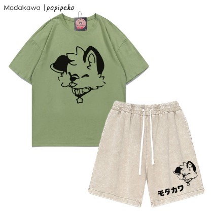 MODAKAWA X popipeko Puppy Letter T-shirt Vintage Washed Shorts Two Pieces Set - Green&Apricot - 3XL - image 6