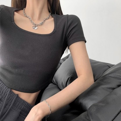 Pure Color Round Collar Crop Top T-Shirt - Grey - 2XL - image 2