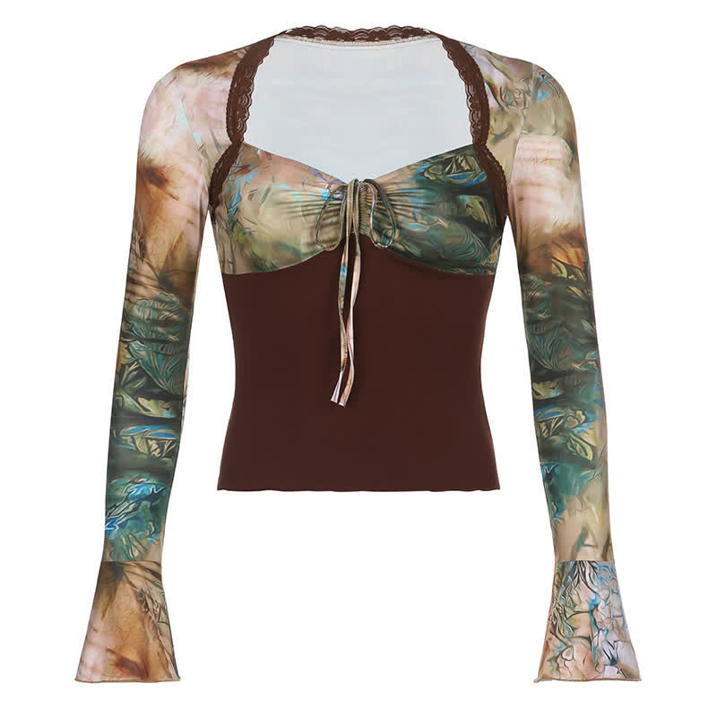 Vintage Floral Print Lace Up Square Collar Slim Top - Brown - L - image 2