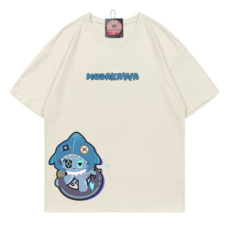 MODAKAWA Playful Shark Graphic Dark Aesthetic T-shirt - Beige - B - 5XL - image 8