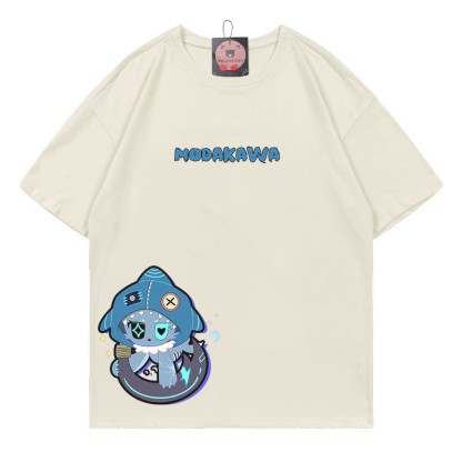 MODAKAWA Playful Shark Graphic Dark Aesthetic T-shirt - Beige - B - 5XL - image 8