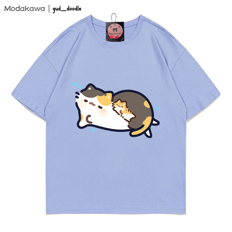 MODAKAWA X gud_doodle Sleeping Cat Print T-shirt - Haze Blue - 5XL - image 10