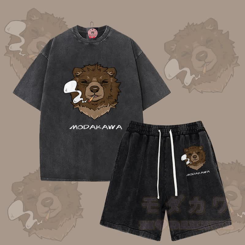 MODAKAWA Smoking Bear Graphic Vintage Washed T-shirt Shorts Two Pieces Set - Black - 3XL - image 6