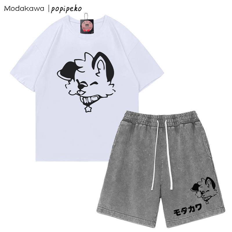 MODAKAWA X popipeko Puppy Letter T-shirt Vintage Washed Shorts Two Pieces Set - White&Grey - 3XL - image 8
