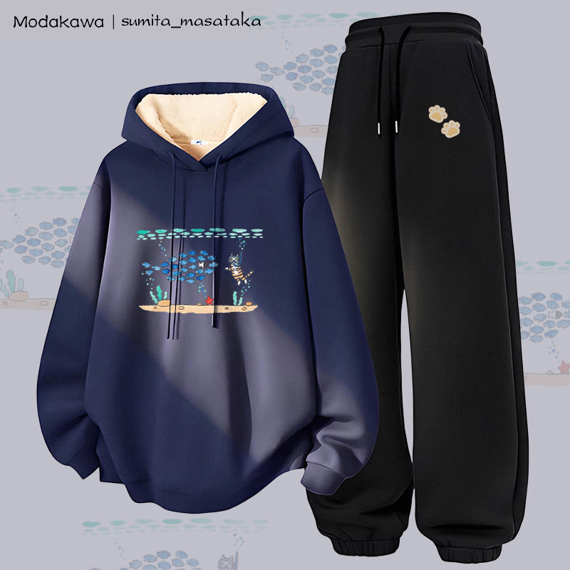 MODAKAWA X sumita_masataka Diving Cat Graphic Thick Fleece Lined Hoodie Pants Two Pieces Set - Purplish Blue&Black - 5XL - image 3