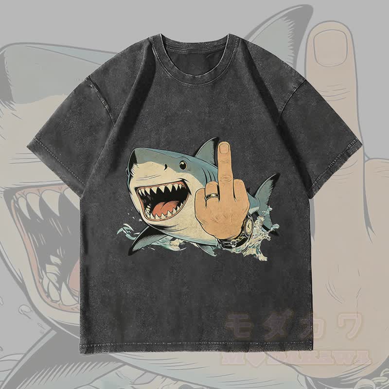 MODAKAWA Crazy Shark Graphic Unisex Vintage Washed T-Shirt - Black - 4XL - image 3