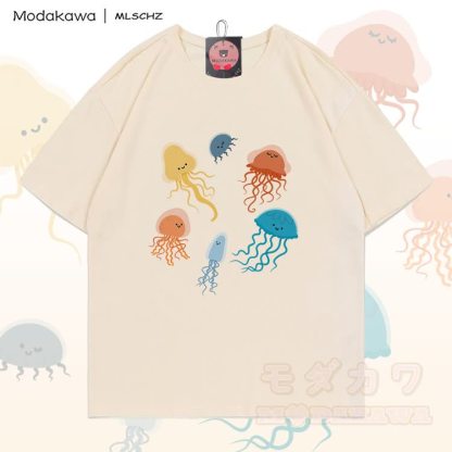 MODAKAWA X MLSCHZ Jellyfish Graphic 100% Cotton T-shirt Gradient Shorts Matching Outfit - Apricot T-shirt - 5XL - image 6