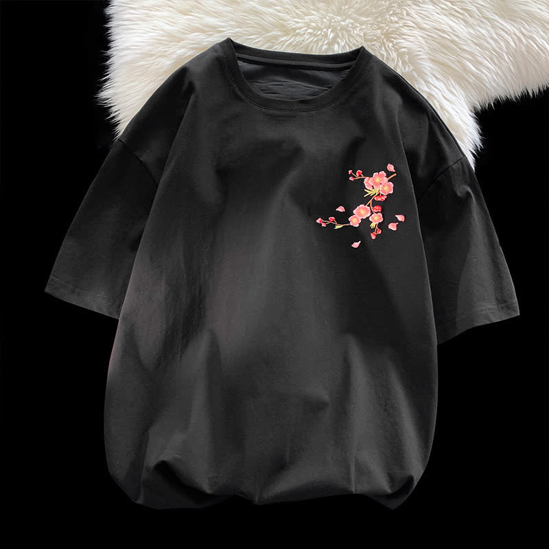 Casual Chinese Style Plum Blossom Print Short Sleeve T-shirt - Black - 5XL - image 6