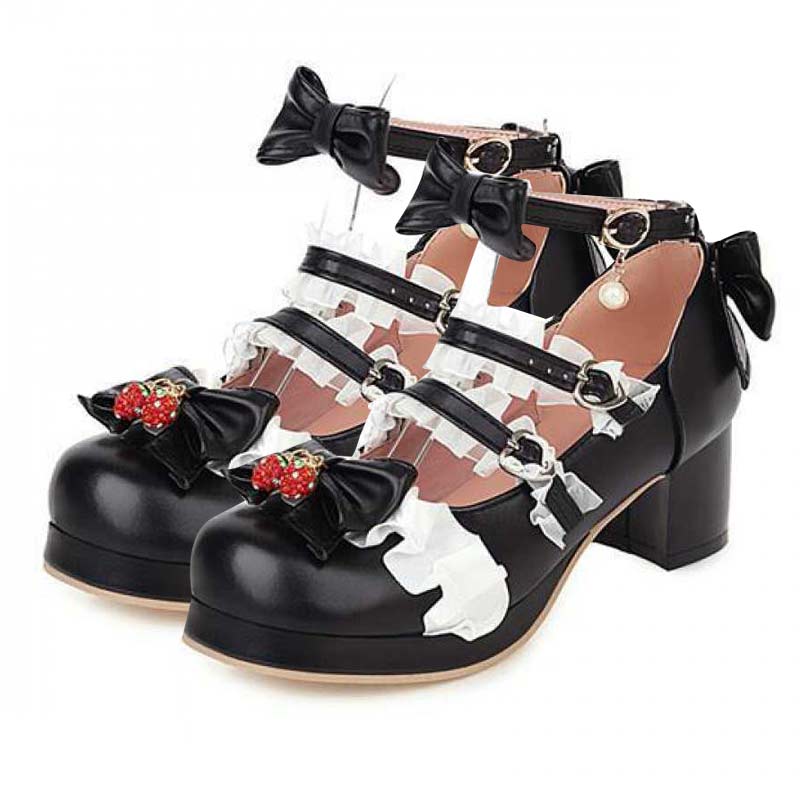Lace Bow Lolita Kitten Heel Mary Janes Shoes - Black - 48 - image 2