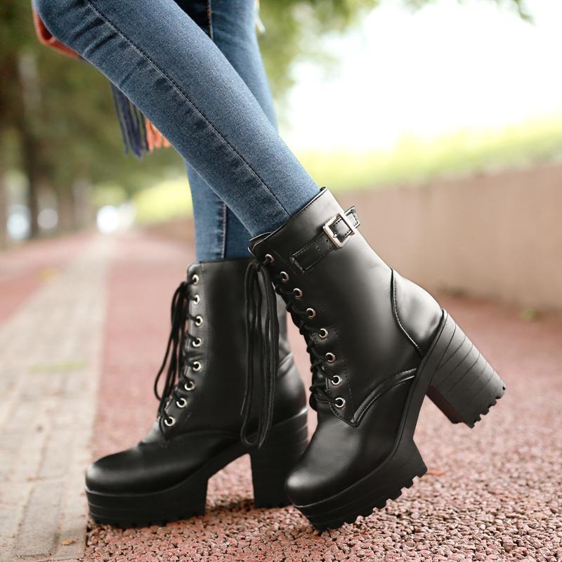Cosplay Martin Boots Lace-up High Heel - Black - 43 - image 5