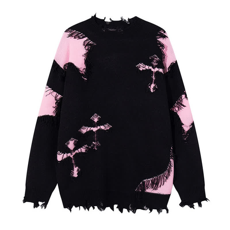 Dark Fashion Cross Print Fringed Distressed Color Block Knit Sweater - Black - 3XL - image 6