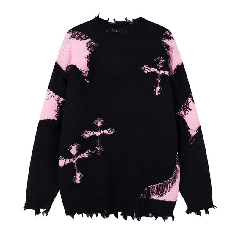 Dark Fashion Cross Print Fringed Distressed Color Block Knit Sweater - Black - 3XL - image 6