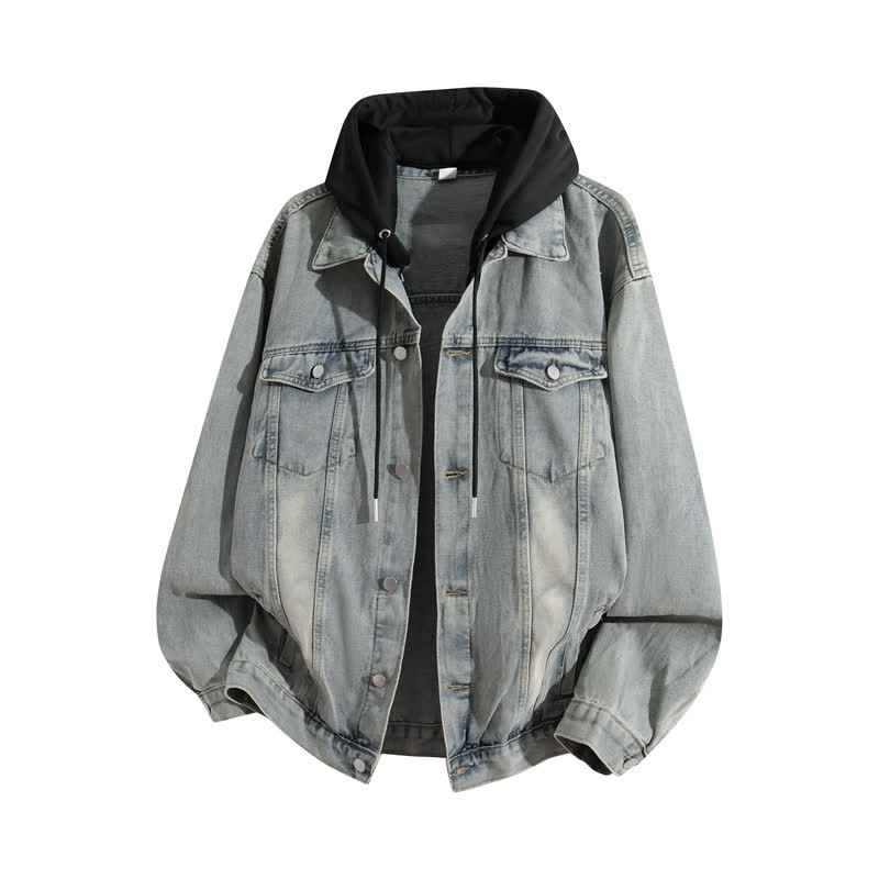 Vintage Casual Fake Two Piece Loose  Hooded Denim Jacket - Light Blue B - 3XL - image 8