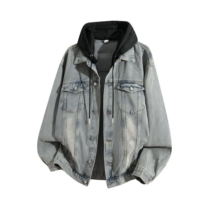 Vintage Casual Fake Two Piece Loose  Hooded Denim Jacket - Light Blue B - 3XL - image 8