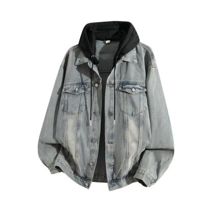 Vintage Casual Fake Two Piece Loose  Hooded Denim Jacket - Light Blue B - 3XL - image 8