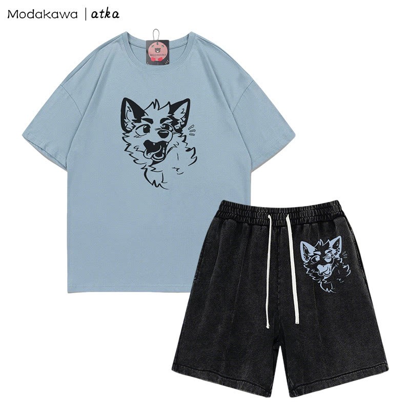 MODAKAWA X atka Playful Fox Face Graphic T-shirt Vintage Washed Shorts Two Pieces Set - Dusty Blue&Black - 3XL - image 8