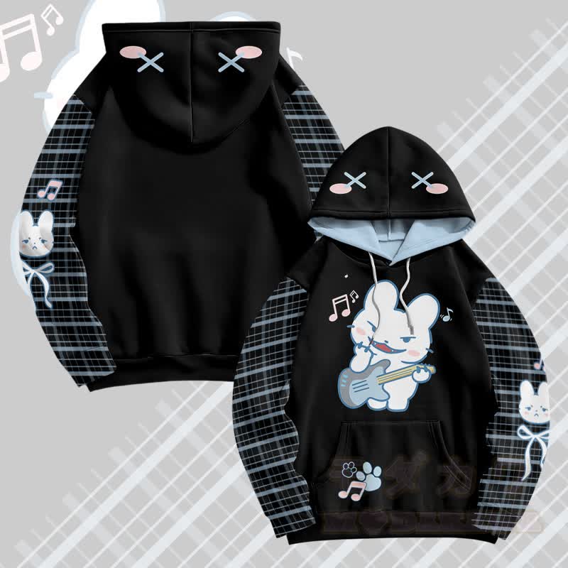 MODAKAWA Guitar Bunny Graphic All Over Print Pullover Hoodie - Black&Blue - 5XL - image 3