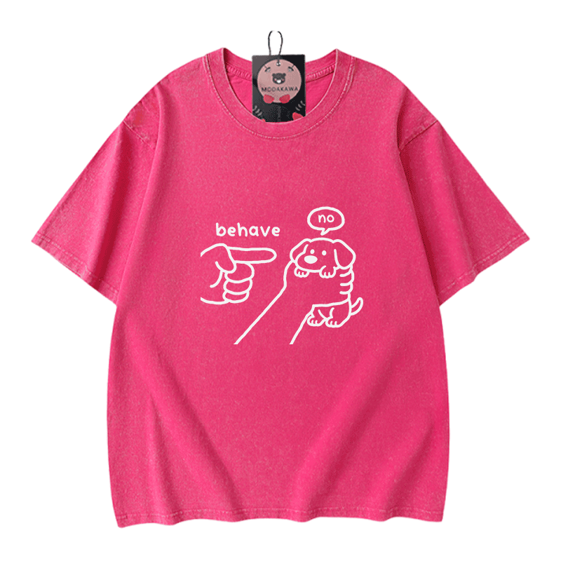 BEHAVE NO Puppy Graphic Modakawa Vintage Washed 100% Cotton T-shirt - Rose Red - 5XL - image 5