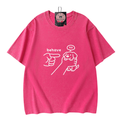 BEHAVE NO Puppy Graphic Modakawa Vintage Washed 100% Cotton T-shirt - Rose Red - 5XL - image 5