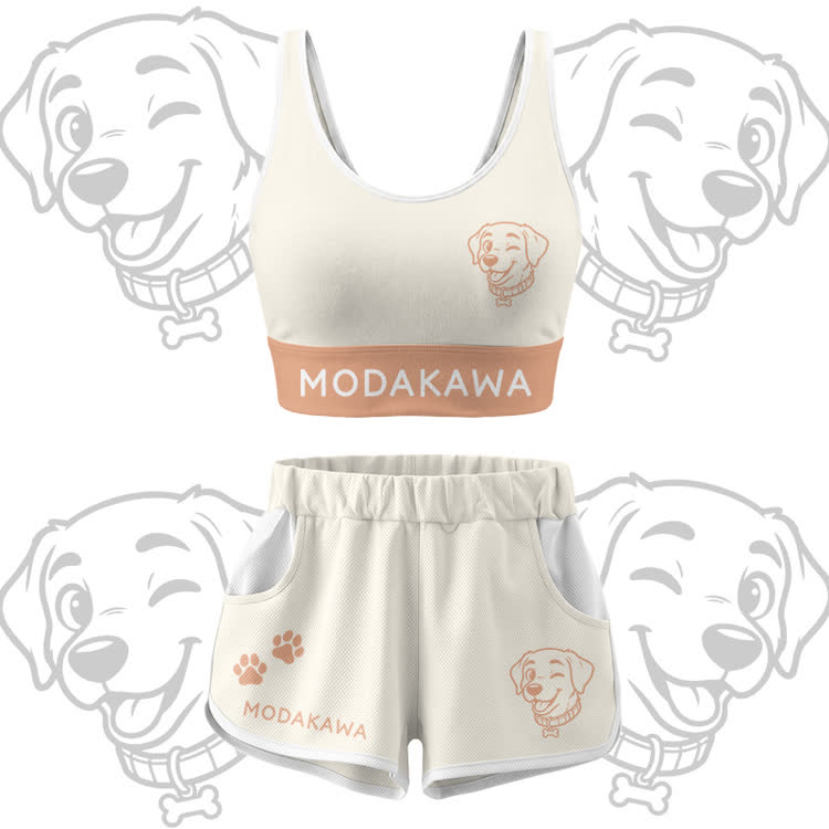 Happy Puppy Graphic Crop Tank Sport Top Shorts Bikini Modakawa Matching Outfit - Beige Set - 5XL - image 13