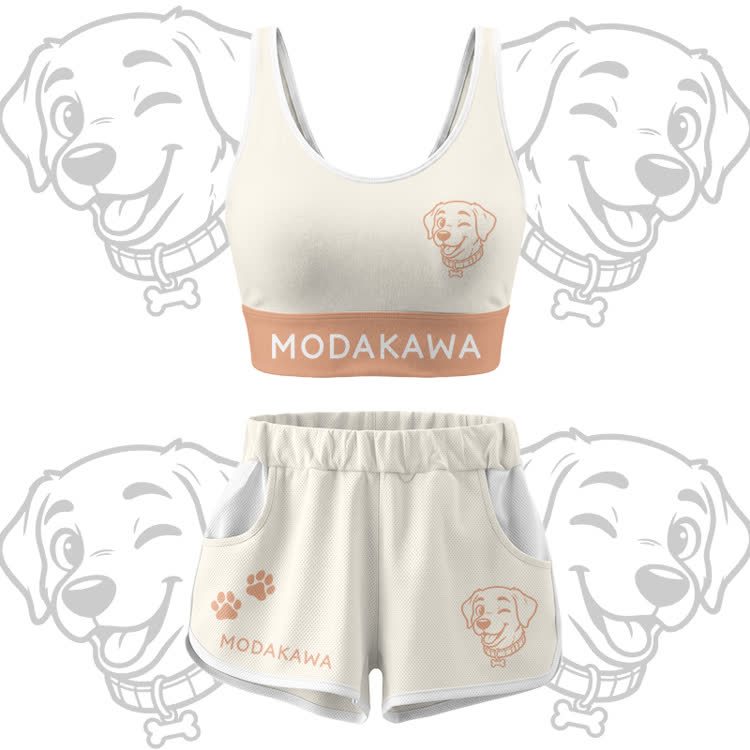 Happy Puppy Graphic Crop Tank Sport Top Shorts Bikini Modakawa Matching Outfit - Beige Set - 5XL - image 13