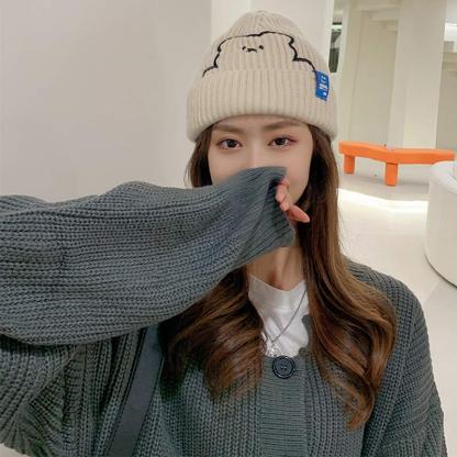 Cartoon Bear Embroidery Knit Hat - image 2
